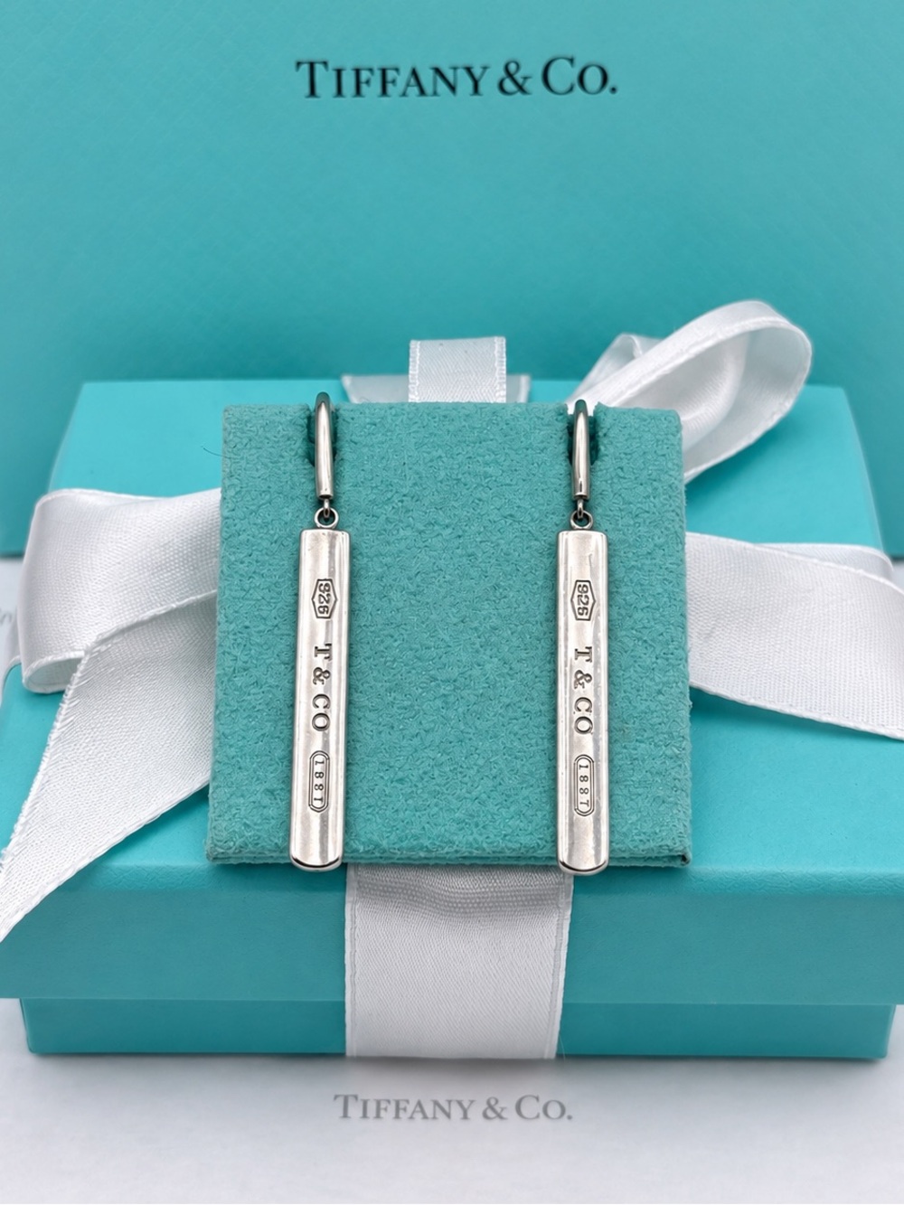 Tiffany & Co 1837 Bar Drop Dangle Earrings Sterling Silver 925 Gift Box Vintage